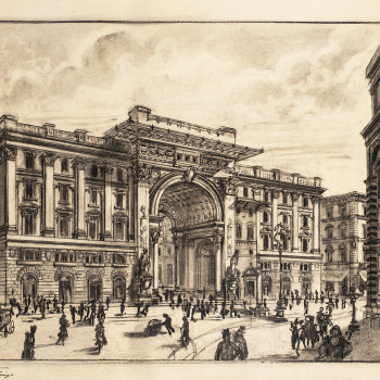 Nella seconda metà degli anni Venti l’attività professionale di Adolfo Coppedé sembra rallentare. Nel tentativo di riaffermarsi sulla scena artistica fiorentina, nel marzo del 1926 l’architetto presenta alla cittadinanza un progetto per la costruzione di una galleria monumentare intitolata a Mussolini, così da allineare Firenze alle altre grandi città italiane. Il progetto prevedeva la demolizione dell’isolato compreso tra piazza S. Giovanni, via dei Martelli, via dei Gori e Borgo S. Lorenzo, per costruirvi una grandiosa galleria con un vasto ambiente ottagonale al centro e tre ingressi monumentali, uno su piazza S. Giovanni (visibile nel disegno), uno su piazza S. Lorenzo e uno in via dei Martelli. La proposta suscitò subito violentissime polemiche, abilmente alimentate dai giornali e nate apparentemente dalla preoccupazione per la salvaguardia degli edifici antichi destinati alla demolizione, ma mosse forse più dall’avversione verso lo stile Coppedè, percepito ormai come antitesi della modernità, in una fase in cui la sensibilità stava cambiando. La presa di posizione più netta e celebre fu quella di Gabriele D’Annunzio sul “Corriere della Sera”, che accusò Coppedè di oltraggiare Firenze con la sua “terribil macchina”, sbeffeggiandolo con la definizione di “arcimaiuscolo Arcigocciolone”, alla quale Coppedè rispose cercando di dimostrare come l’invettiva del poeta fosse sproporzionata rispetto alla circostanza e derivata da un fraintendimento sulle aree da demolire e sul loro effettivo valore storico-artistico. L’intera vicenda si rivelò determinante per la carriera dell’architetto, causando un brusco calo nella committenza, sia di quella privata alto borghese, sia di quella pubblica, e in definitiva il suo isolamento artistico.